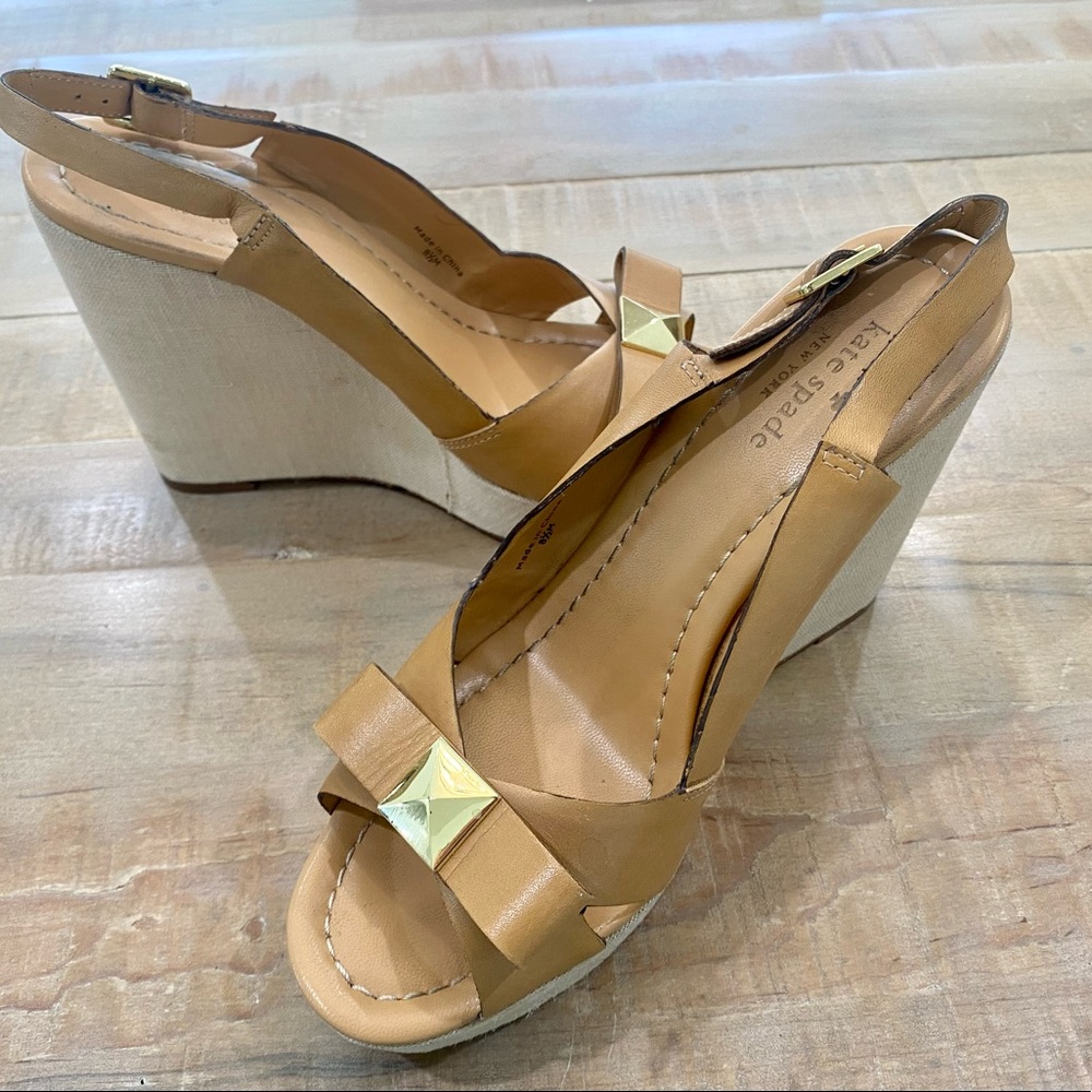 Kate Spade nude gold stud bow wedge slingback heel shoes